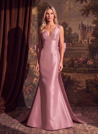 Trumpet/Mermaid V-Neck Satin Mother Of The Bride Dresses With Bow(s)