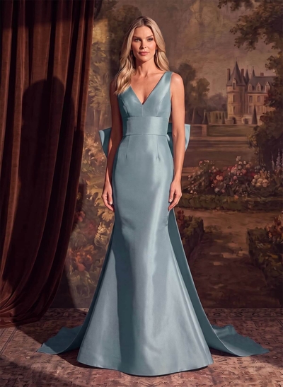 Trumpet/Mermaid V-Neck Satin Mother Of The Bride Dresses With Bow(s)