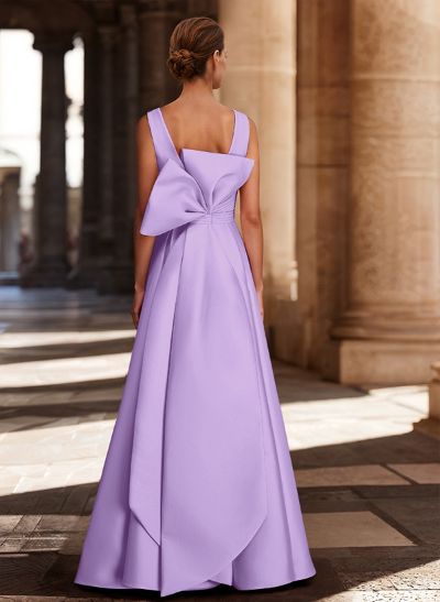 A-Line V-Neck Sleeveless Floor-Length Satin Bridesmaid Dresses With Bow(s)