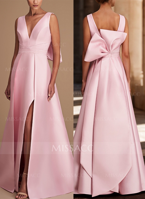 V-Neck Satin A-Line Mother Of The Bride Dresses With Bow