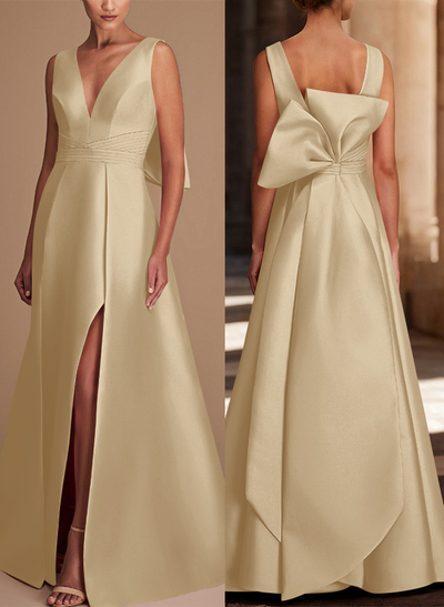 V-Neck Satin A-Line Mother Of The Bride Dresses With Bow
