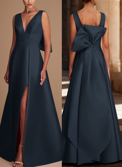 V-Neck Satin A-Line Mother Of The Bride Dresses With Bow