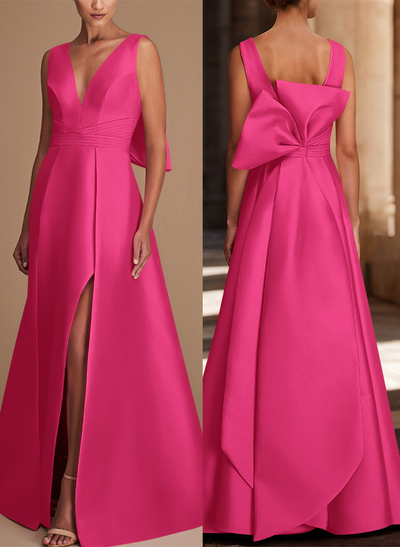 V-Neck Satin A-Line Mother Of The Bride Dresses With Bow