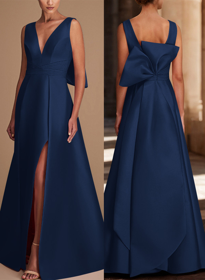 V-Neck Satin A-Line Mother Of The Bride Dresses With Bow