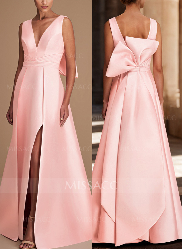 V-Neck Satin A-Line Mother Of The Bride Dresses With Bow