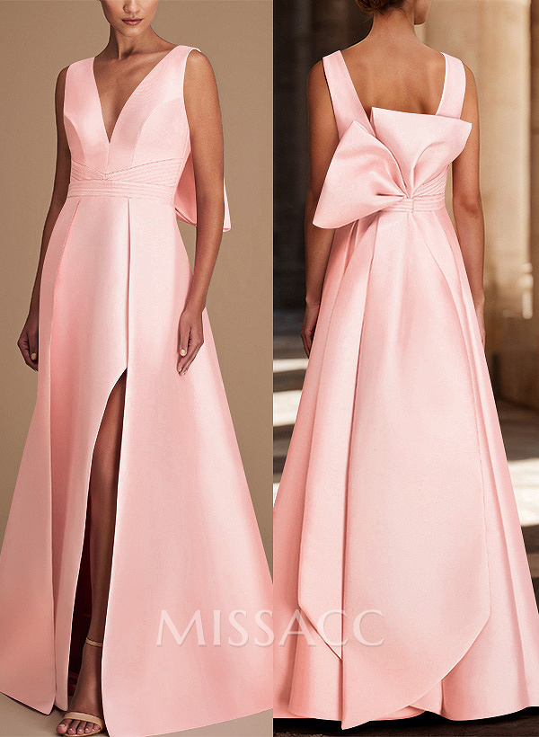 V-Neck Satin A-Line Mother Of The Bride Dresses With Bow V-Neck Satin A-Line Mother Of The Bride Dresses With Bow