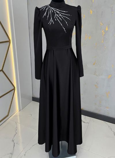 A-Line High Neck Long Sleeves Matte Satin Mother Of The Bride Dresses With Beading