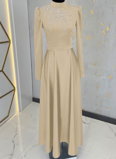 A-Line High Neck Long Sleeves Matte Satin Mother Of The Bride Dresses With Beading