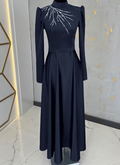 A-Line High Neck Long Sleeves Matte Satin Mother Of The Bride Dresses With Beading