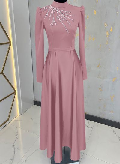 A-Line High Neck Long Sleeves Matte Satin Mother Of The Bride Dresses With Beading