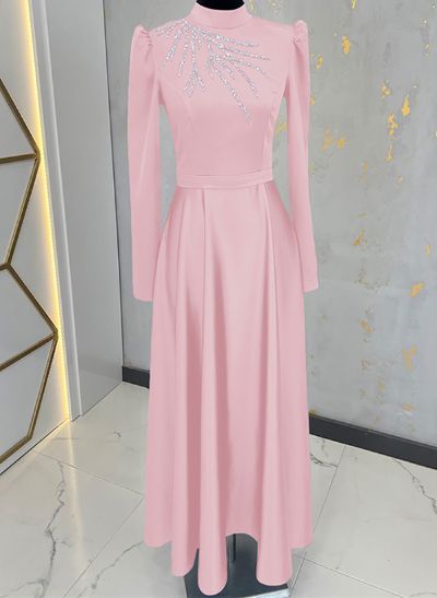 A-Line High Neck Long Sleeves Matte Satin Mother Of The Bride Dresses With Beading
