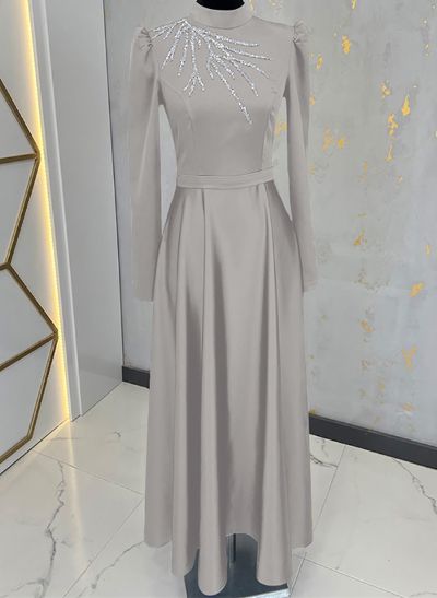 A-Line High Neck Long Sleeves Matte Satin Mother Of The Bride Dresses With Beading
