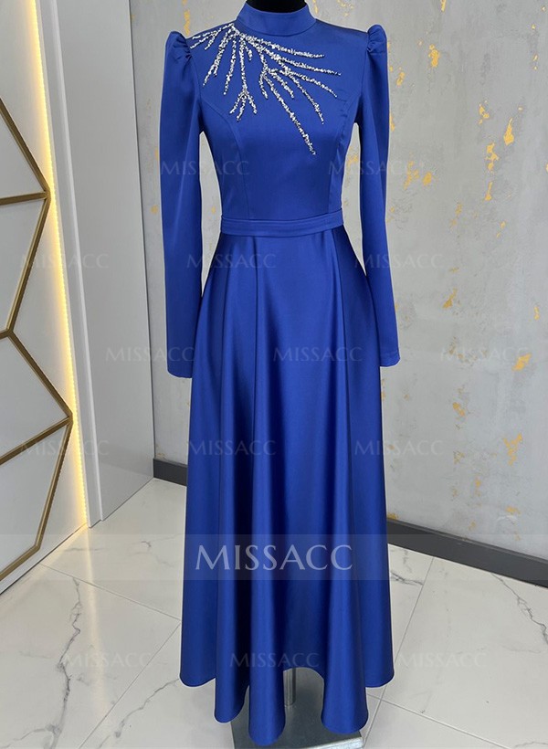 A-Line High Neck Long Sleeves Satin Mother Of The Bride Dresses With Beading