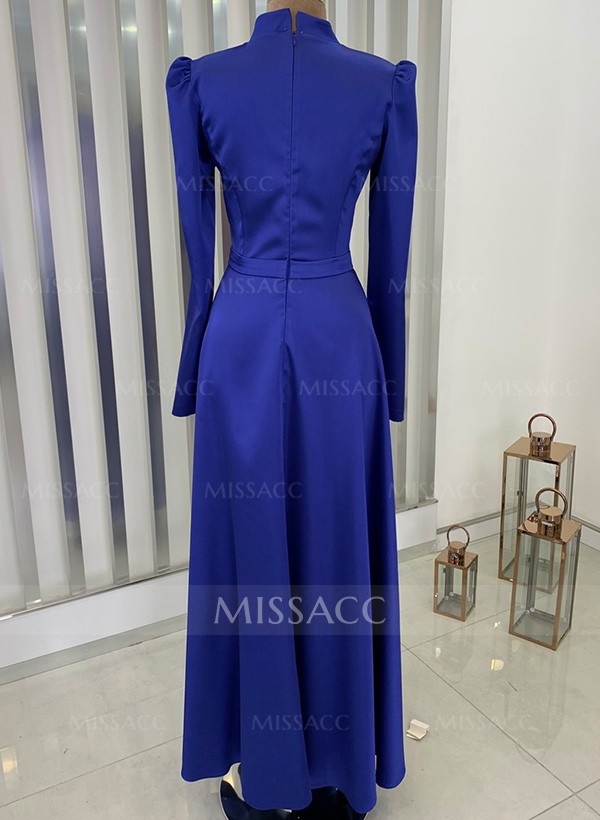 A-Line High Neck Long Sleeves Matte Satin Mother Of The Bride Dresses With Beading