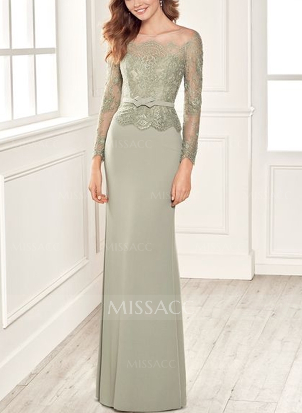 Sheath/Column Illusion Neck Elastic Satin Mother Of The Bride Dresses With Lace