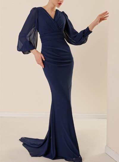 Trumpet/Mermaid V-Neck Long Sleeves Chiffon Mother Of The Bride Dresses