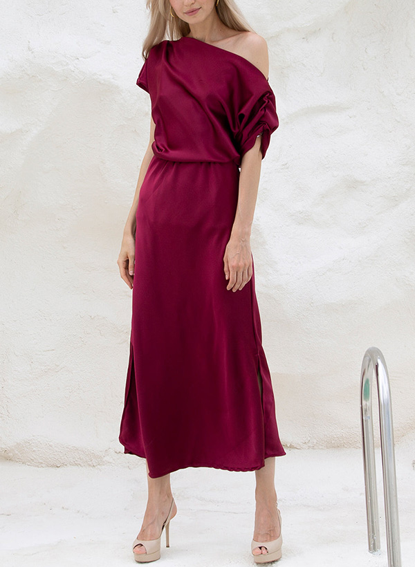 A-Line Asymmetrical Short Sleeves Silk Like Satin Mother Of The Bride Dresses