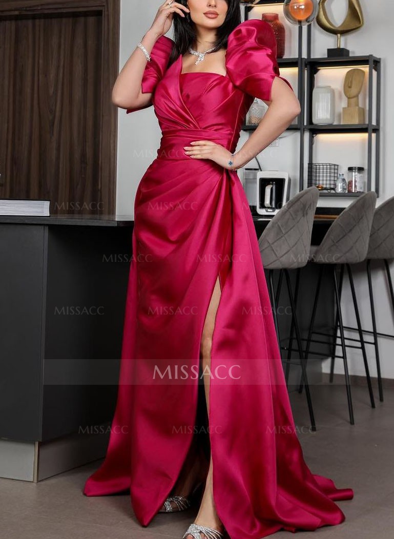 Square Neckline Satin Short Sleeves Mother Of The Bride Dresses