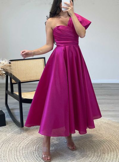 A-Line One-Shoulder Sleeveless Ankle-Length Satin Cocktail Dresses With Ruffle