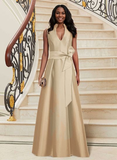 A-Line V-Neck Sleeveless Satin Mother Of The Bride Dresses With Sash