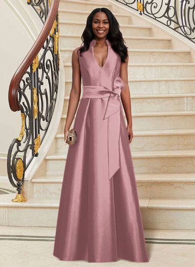 A-Line V-Neck Sleeveless Satin Mother Of The Bride Dresses With Sash