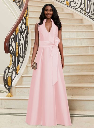 A-Line V-Neck Sleeveless Satin Mother Of The Bride Dresses With Sash