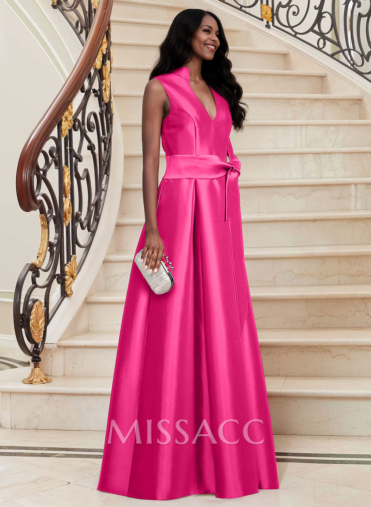 A-Line V-Neck Sleeveless Satin Mother Of The Bride Dresses With Sash