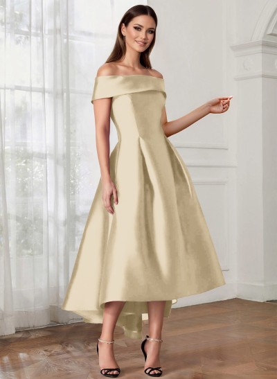 A-Line Off-The-Shoulder Sleeveless Tea-Length Satin Mother Of The Bride Dresses