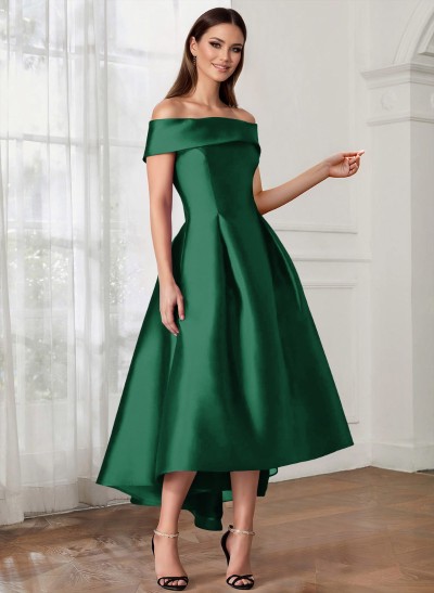 A-Line Off-The-Shoulder Sleeveless Tea-Length Satin Mother Of The Bride Dresses