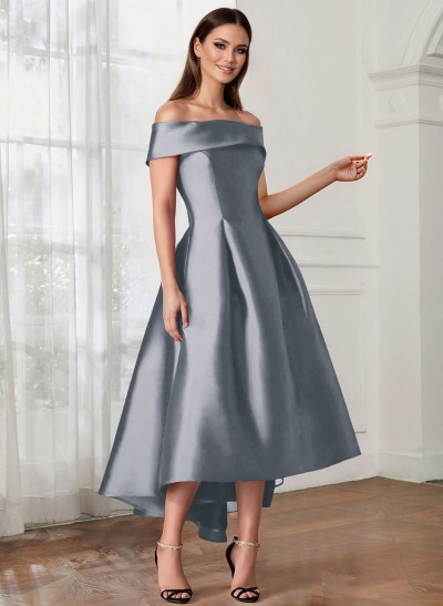 A-Line Off-The-Shoulder Sleeveless Tea-Length Satin Mother Of The Bride Dresses