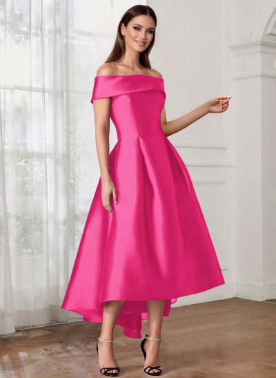 A-Line Off-The-Shoulder Sleeveless Tea-Length Satin Mother Of The Bride Dresses