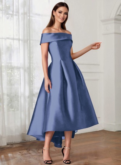 A-Line Off-The-Shoulder Sleeveless Tea-Length Satin Mother Of The Bride Dresses