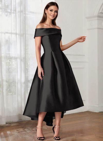 A-Line Off-The-Shoulder Sleeveless Tea-Length Satin Mother Of The Bride Dresses