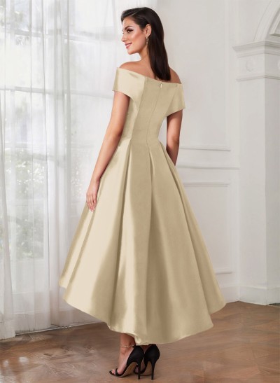 A-Line Off-The-Shoulder Sleeveless Tea-Length Satin Mother Of The Bride Dresses