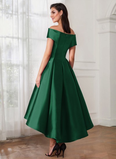 A-Line Off-The-Shoulder Sleeveless Tea-Length Satin Mother Of The Bride Dresses