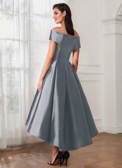 A-Line Off-The-Shoulder Sleeveless Tea-Length Satin Mother Of The Bride Dresses