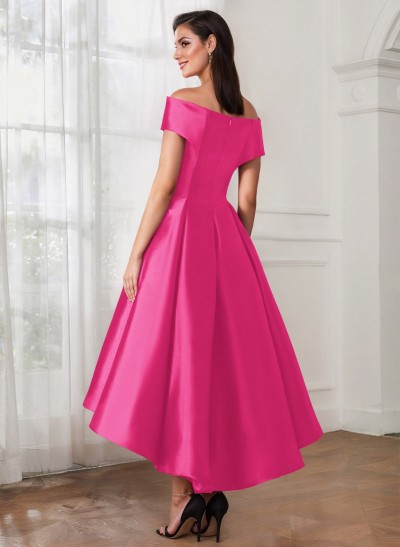 A-Line Off-The-Shoulder Sleeveless Tea-Length Satin Mother Of The Bride Dresses