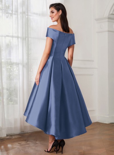 A-Line Off-The-Shoulder Sleeveless Tea-Length Satin Mother Of The Bride Dresses