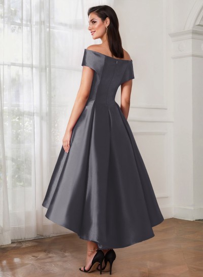 A-Line Off-The-Shoulder Sleeveless Tea-Length Satin Mother Of The Bride Dresses