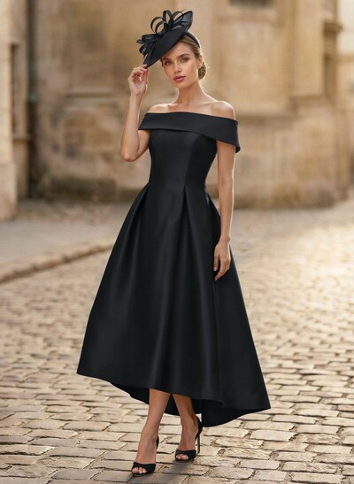 A-Line Off-The-Shoulder Sleeveless Tea-Length Satin Mother Of The Bride Dresses