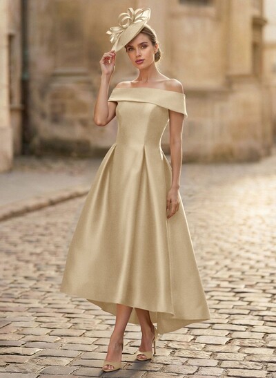 A-Line Off-The-Shoulder Sleeveless Tea-Length Satin Mother Of The Bride Dresses