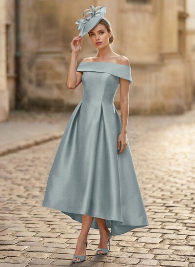 A-Line Off-The-Shoulder Sleeveless Tea-Length Satin Mother Of The Bride Dresses