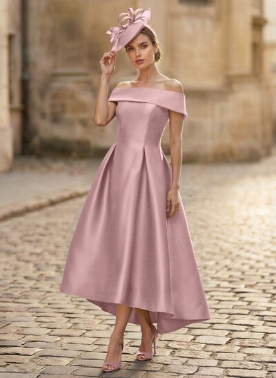 A-Line Off-The-Shoulder Sleeveless Tea-Length Satin Mother Of The Bride Dresses