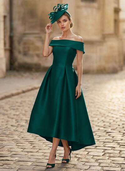 A-Line Off-The-Shoulder Sleeveless Tea-Length Satin Mother Of The Bride Dresses