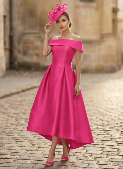 A-Line Off-The-Shoulder Sleeveless Tea-Length Satin Mother Of The Bride Dresses