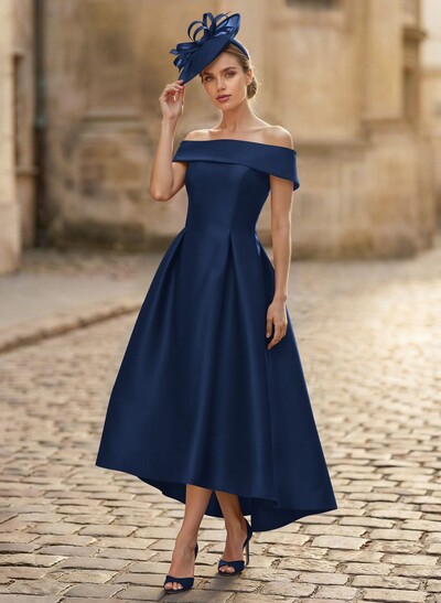 A-Line Off-The-Shoulder Sleeveless Tea-Length Satin Mother Of The Bride Dresses