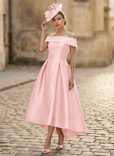 A-Line Off-The-Shoulder Sleeveless Tea-Length Satin Mother Of The Bride Dresses