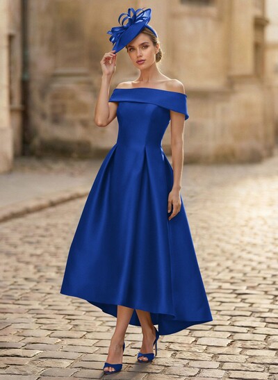 A-Line Off-The-Shoulder Sleeveless Tea-Length Satin Mother Of The Bride Dresses