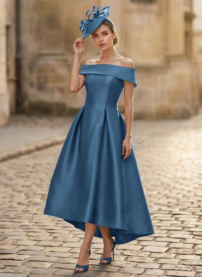 A-Line Off-The-Shoulder Sleeveless Tea-Length Satin Mother Of The Bride Dresses