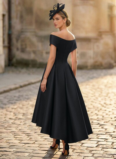 A-Line Off-The-Shoulder Sleeveless Tea-Length Satin Mother Of The Bride Dresses